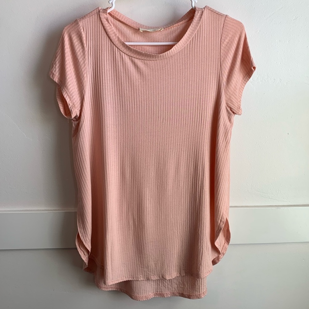 Poetry Light Pink Ribbed Open Side Short Sleeve Shirt